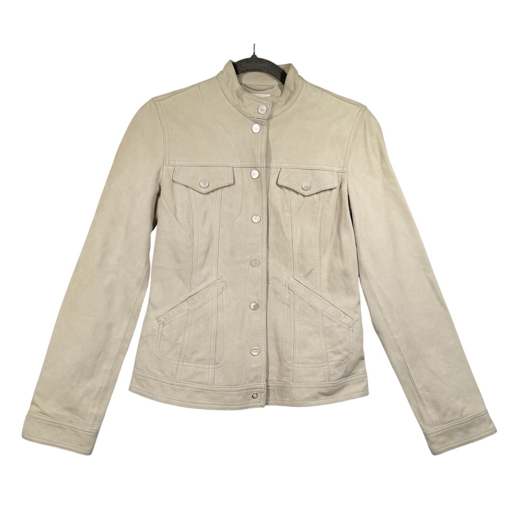 Faconnable Goatskin Leather Jacket Coat Women XS‎ Cream Soft Moto Y2K 90s Grunge